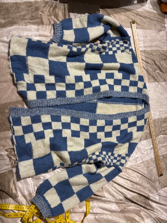veveret Sweaters - Checked Open-Front Women's Cardigan in Blue and Cream